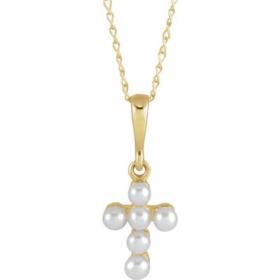 14K Petite Pearl Cross Necklace