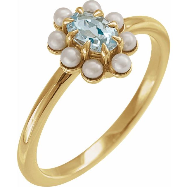 14K Natural Gemstone & Cultured White Seed Pearl Halo-Style Ring