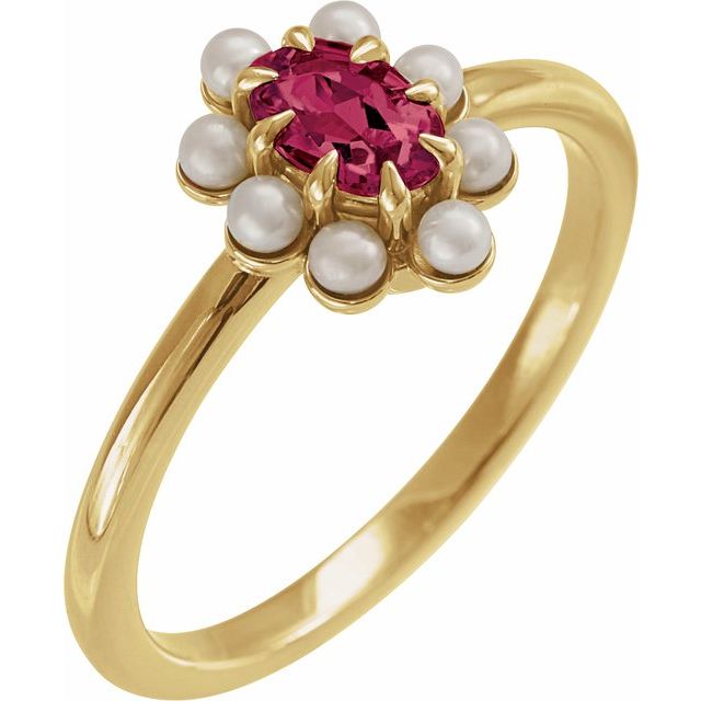 14K Natural Gemstone & Cultured White Seed Pearl Halo-Style Ring