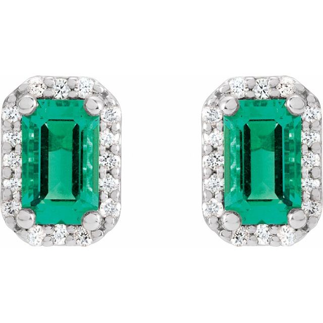 14K Lab Grown Emerald & .07 CTW Natural Diamond Halo-Style Studs