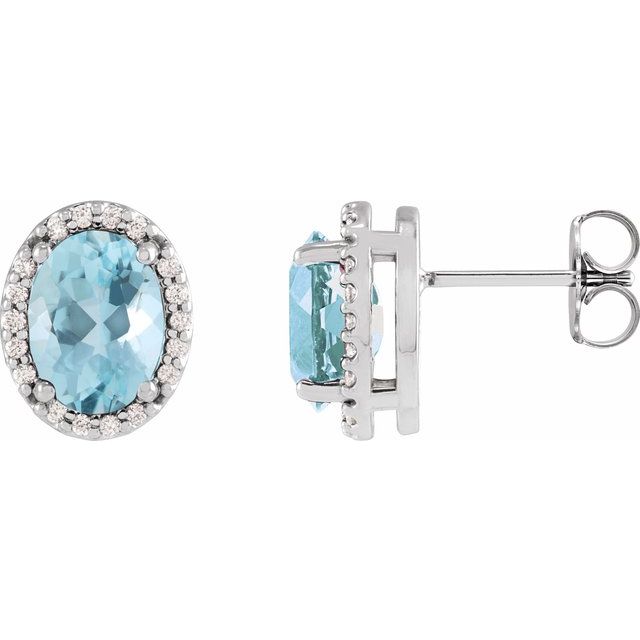 14K Oval Aquamarine & Diamond Halo Studs