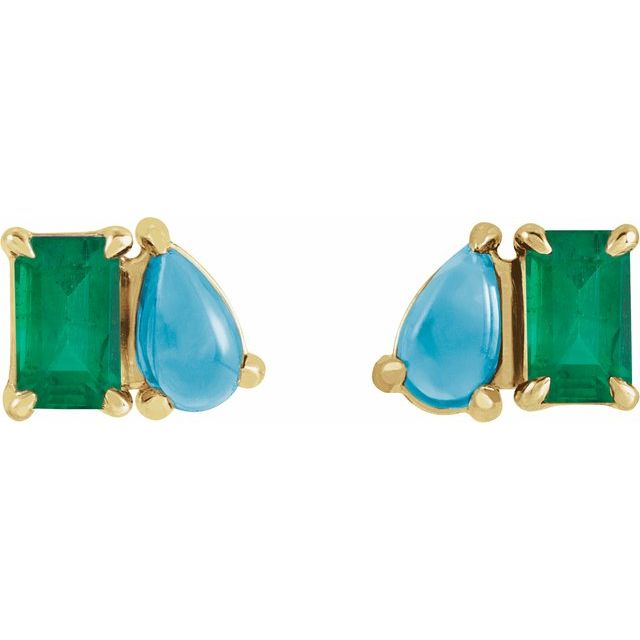 14K Lab Grown Emerald & Natural Turquoise Two-Stone Studs