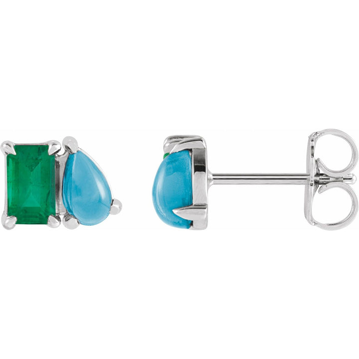 14K Lab Grown Emerald & Natural Turquoise Two-Stone Studs