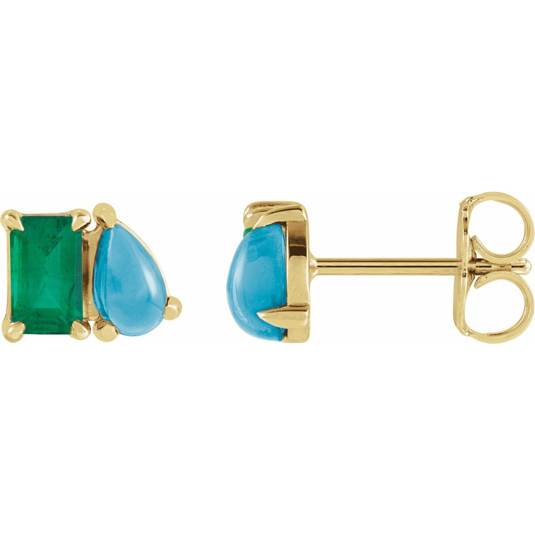 14K Lab Grown Emerald & Natural Turquoise Two-Stone Studs