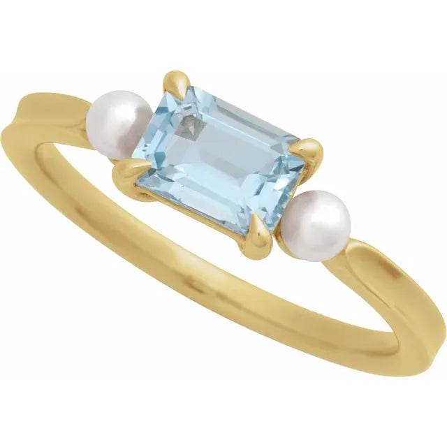14K Natural Gemstone & White Akoya Pearl Ring