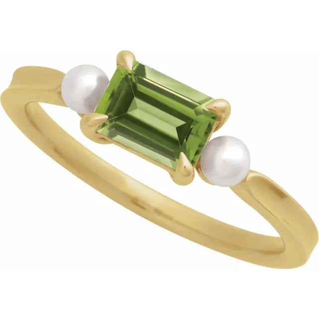 14K Natural Gemstone & White Akoya Pearl Ring
