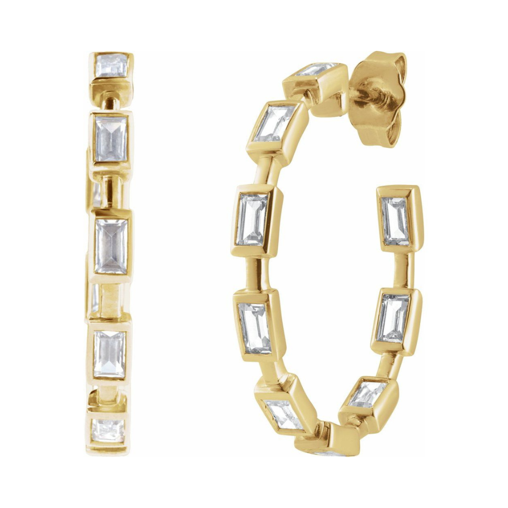 14K 1 1/4 CTW Lab Grown Diamond Bezel Baguette Hoops