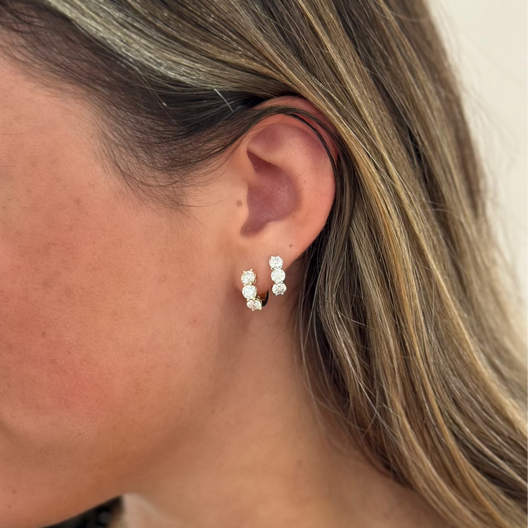 14K 3-Stone Shared Prong Huggies