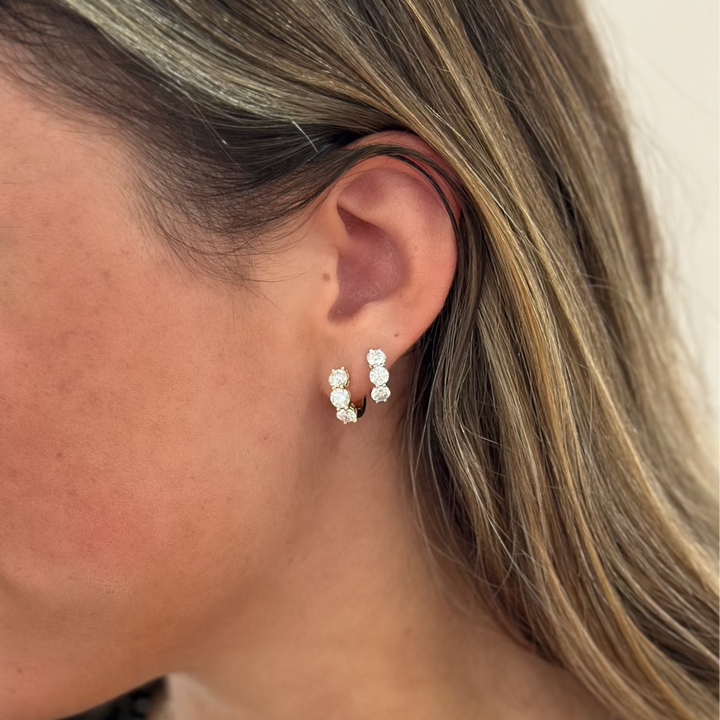 14K 3-Stone Shared Prong Huggies