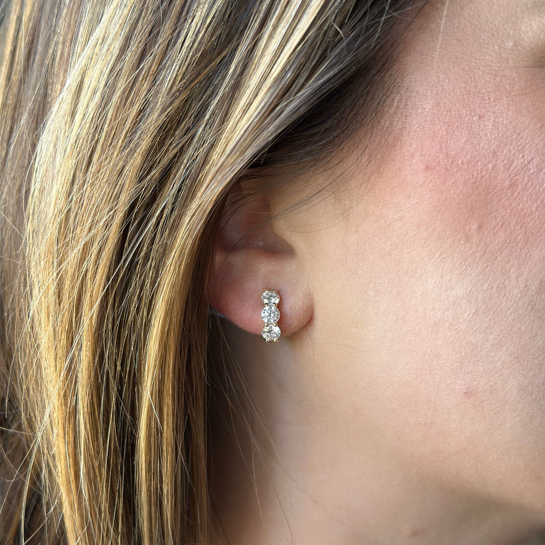 14K 3-Stone Shared Prong Huggies