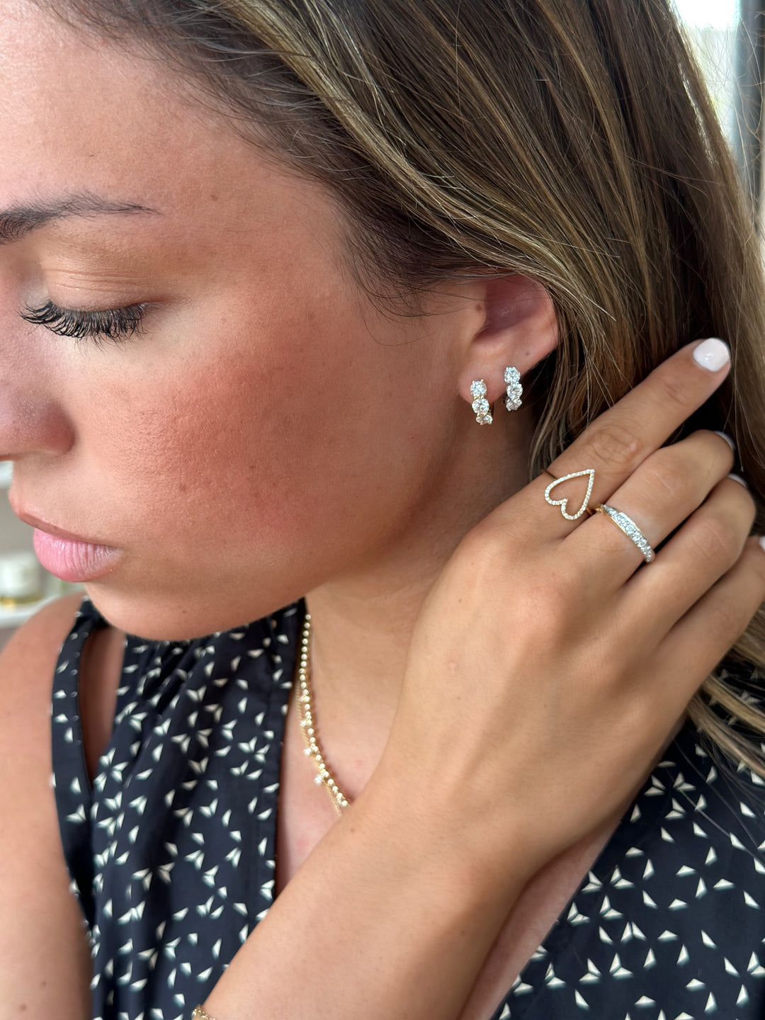 14K 3-Stone Shared Prong Huggies