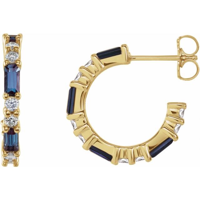 14K Alternating Baguette Gemstone &amp; Diamond Hoops