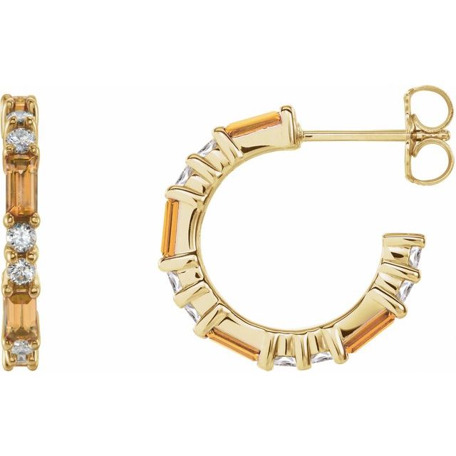 14K Alternating Baguette Gemstone &amp; Diamond Hoops