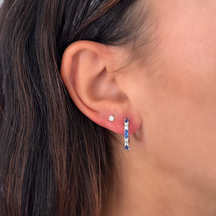 14K Alternating Baguette Gemstone &amp; Diamond Hoops