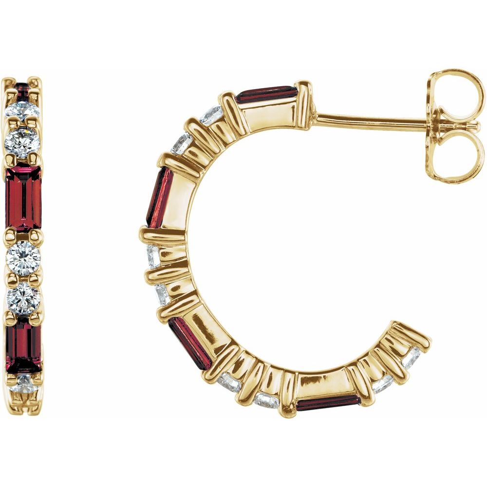 14K Alternating Baguette Gemstone &amp; Diamond Hoops