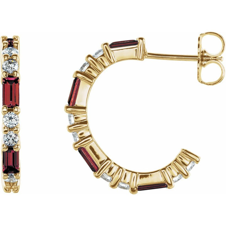 14K Alternating Baguette Gemstone &amp; Diamond Hoops