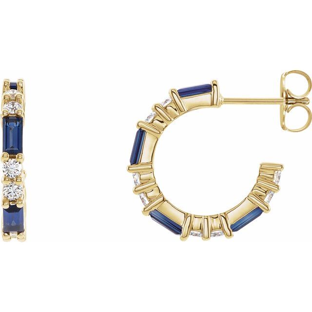 14K Alternating Baguette Gemstone &amp; Diamond Hoops