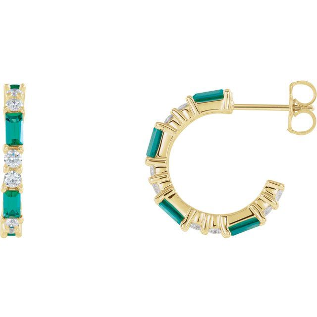 14K Alternating Baguette Gemstone &amp; Diamond Hoops