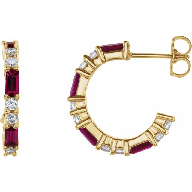 14K Alternating Baguette Gemstone &amp; Diamond Hoops