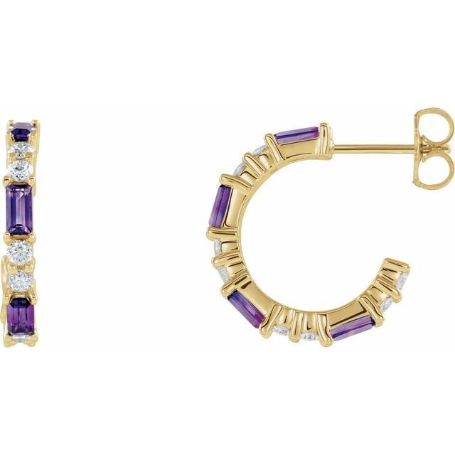 14K Alternating Baguette Gemstone &amp; Diamond Hoops