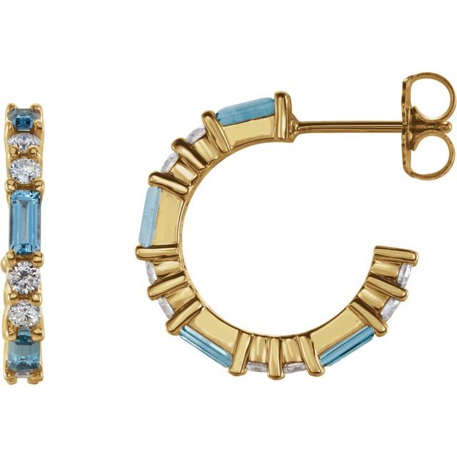 14K Alternating Baguette Gemstone &amp; Diamond Hoops
