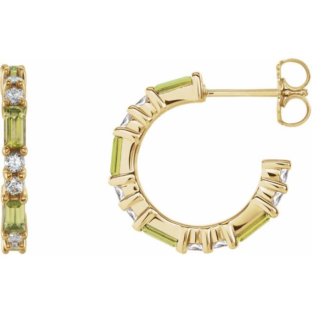 14K Alternating Baguette Gemstone &amp; Diamond Hoops