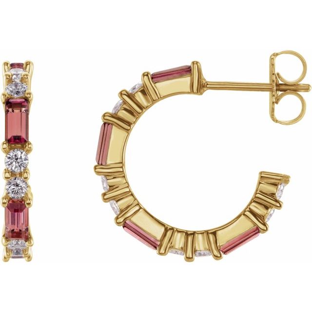 14K Alternating Baguette Gemstone &amp; Diamond Hoops