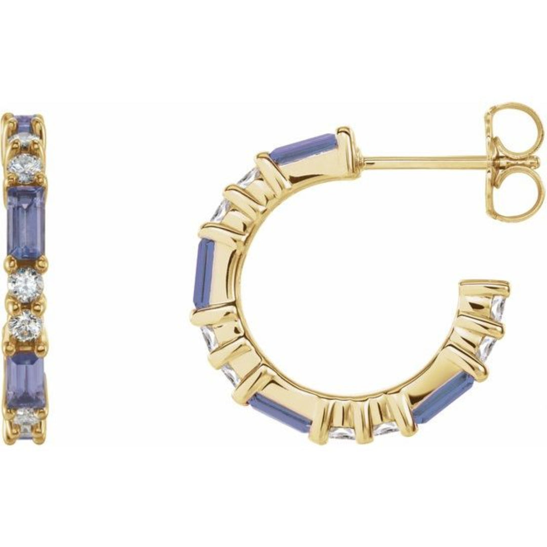 14K Alternating Baguette Gemstone &amp; Diamond Hoops