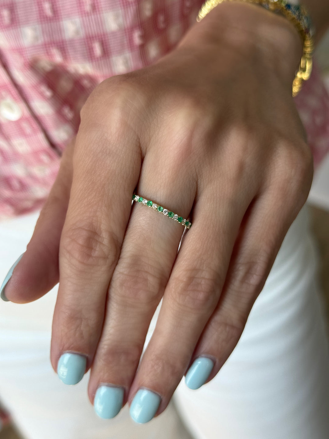 14K Alternating Emerald &amp; Natural Diamond Stack Ring