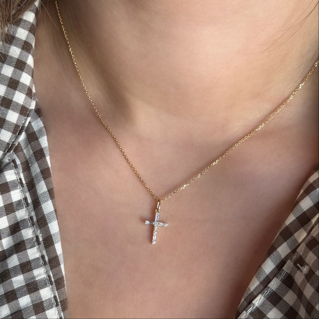14K Baguette &amp; Round Diamond Cross Charm