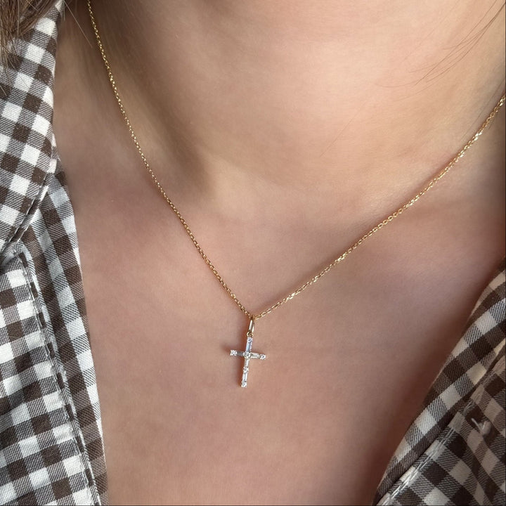 14K Baguette &amp; Round Diamond Cross Charm