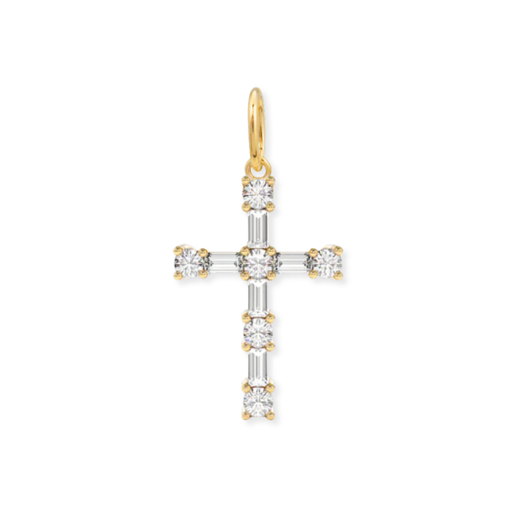 14K Baguette &amp; Round Diamond Cross Charm