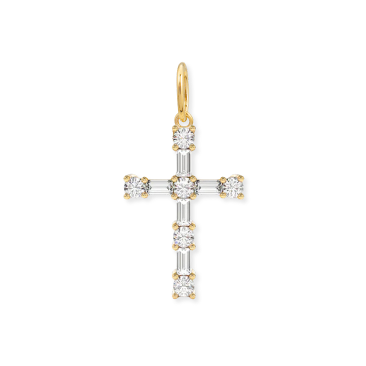 14K Baguette &amp; Round Diamond Cross Charm