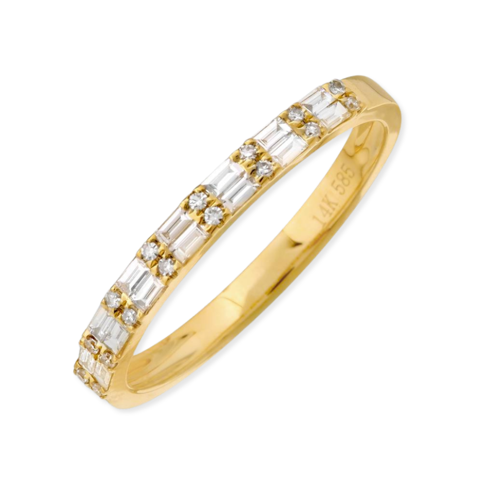 14K Baguette &amp; Round Diamond Double Row Band