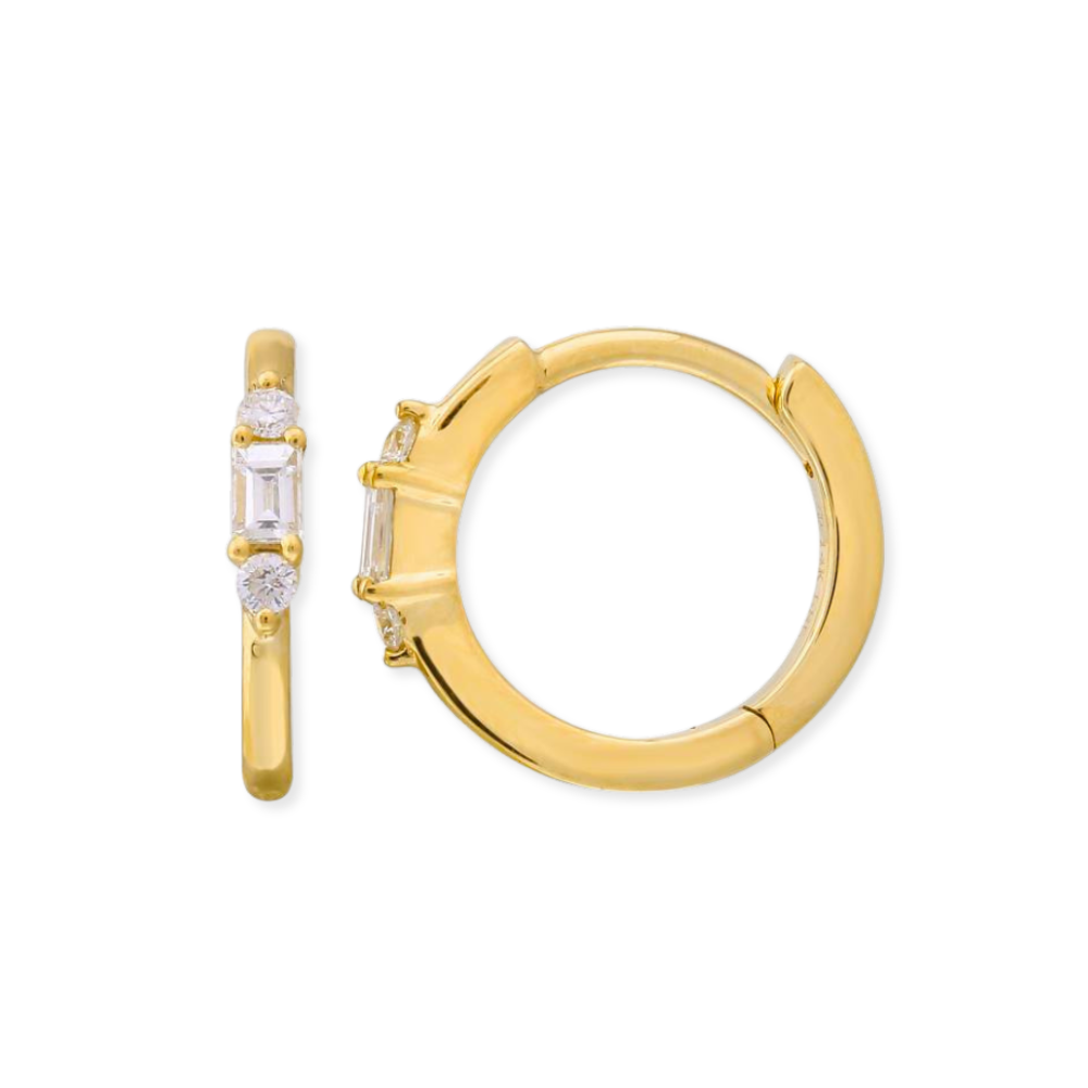 14K Baguette &amp; Round Diamond Huggies