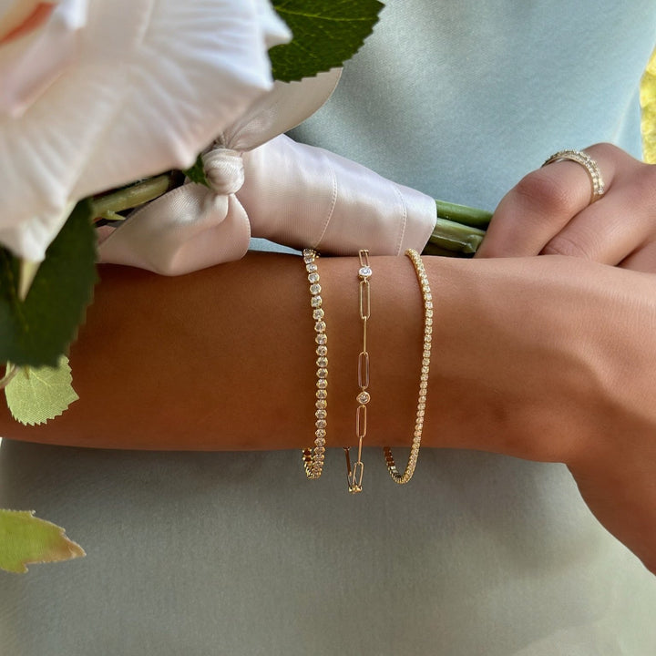 14K Bezel Diamond Paperclip Station Bracelet