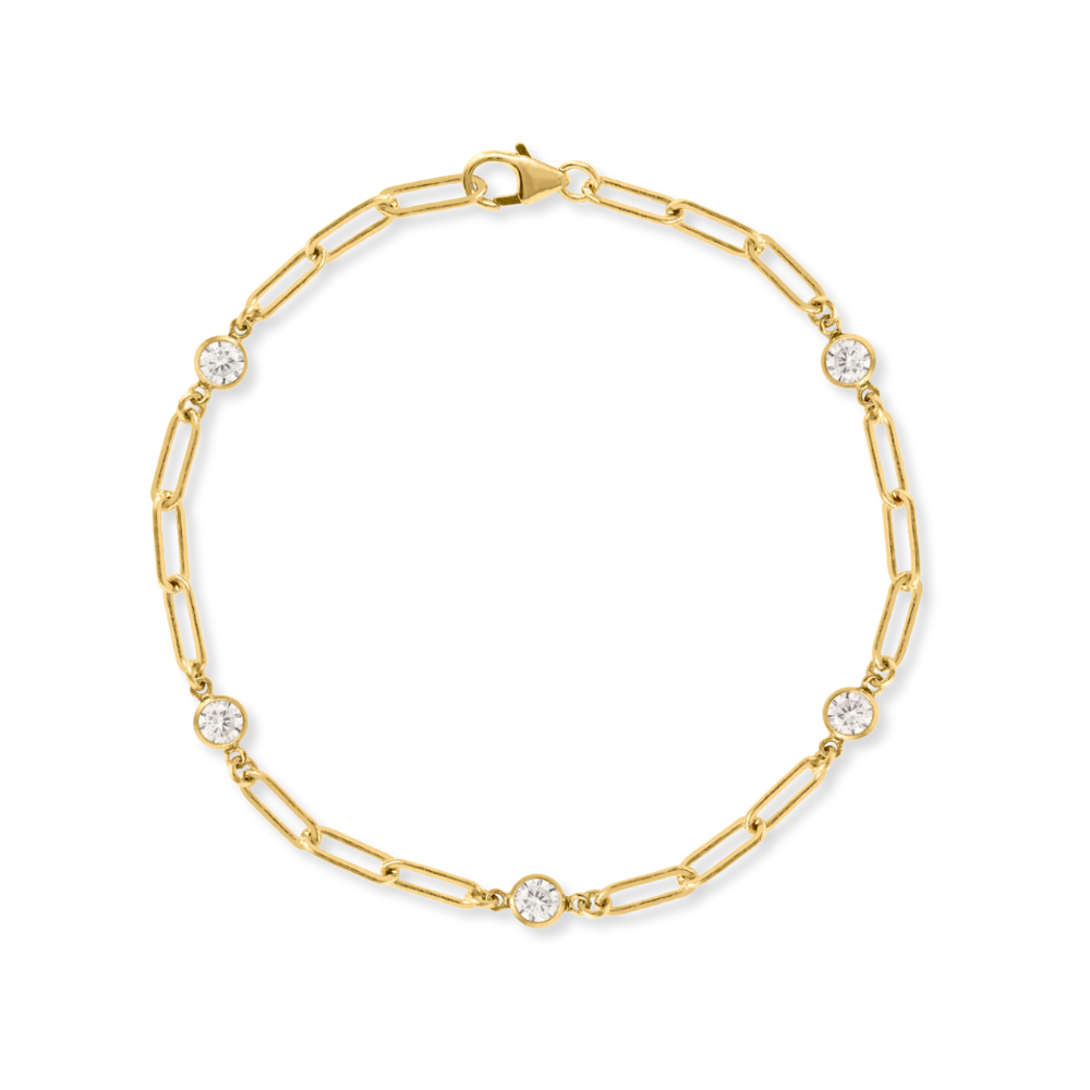 14K Bezel Diamond Paperclip Station Bracelet
