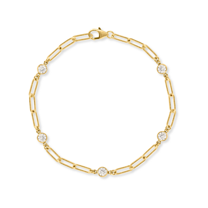 14K Bezel Diamond Paperclip Station Bracelet