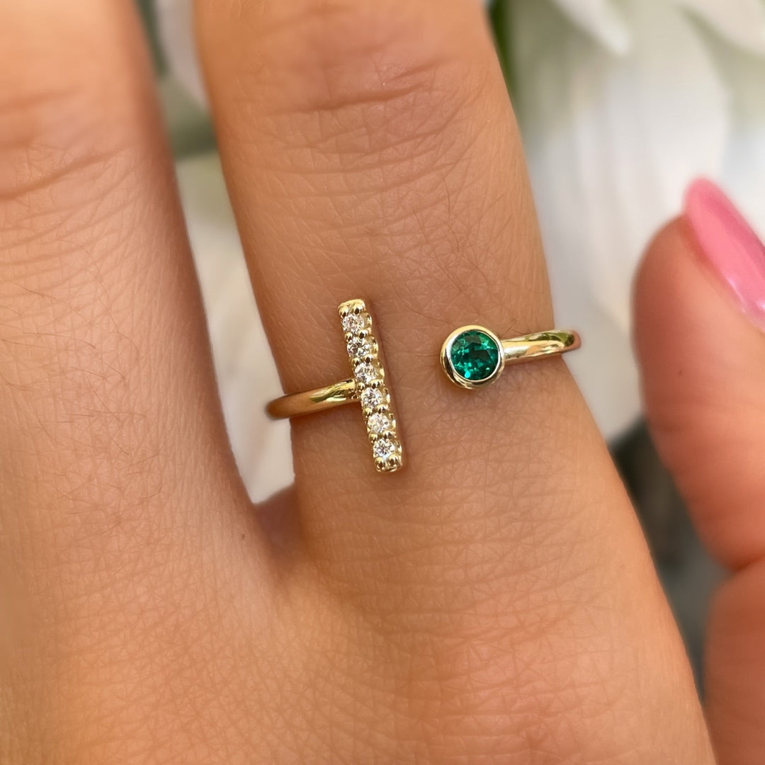 14K Bezel Gemstone &amp; Diamond Bar Ring
