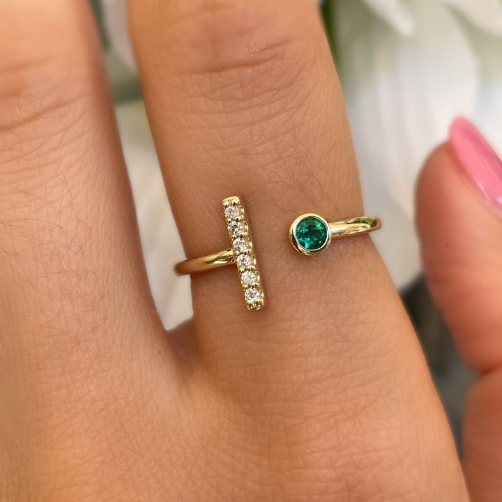 14K Bezel Gemstone &amp; Diamond Bar Ring