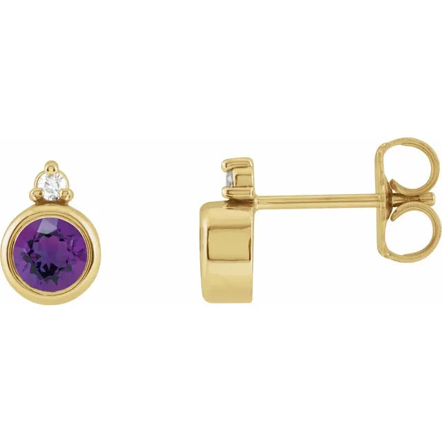 14K Bezel Gemstone &amp; Diamond Studs