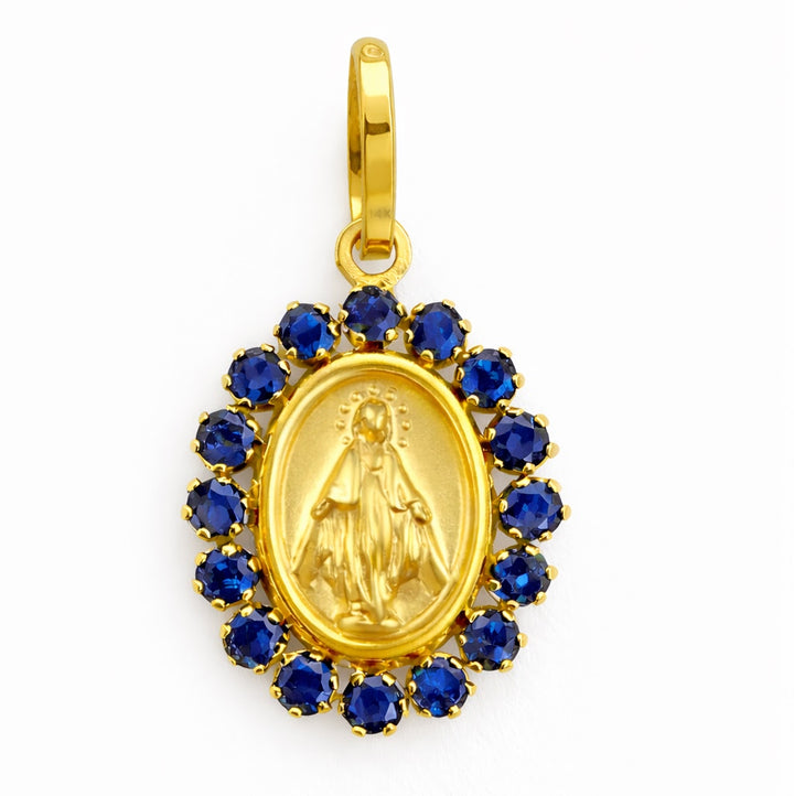 14K Blue Sapphire Halo Oval Miraculous Medal Pendant