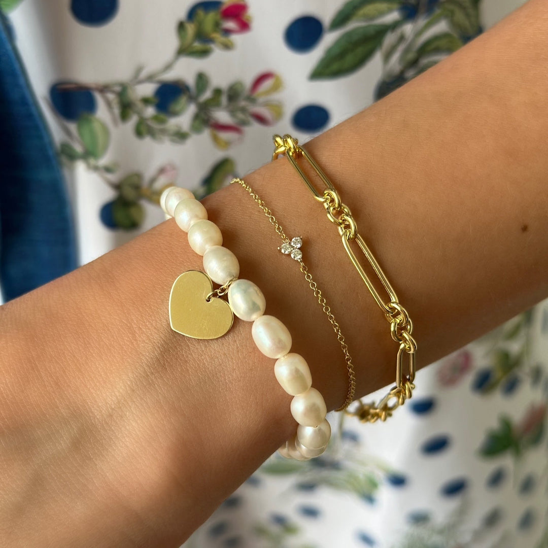 14K Cultured White Freshwater Pearl &amp; Heart Bracelet