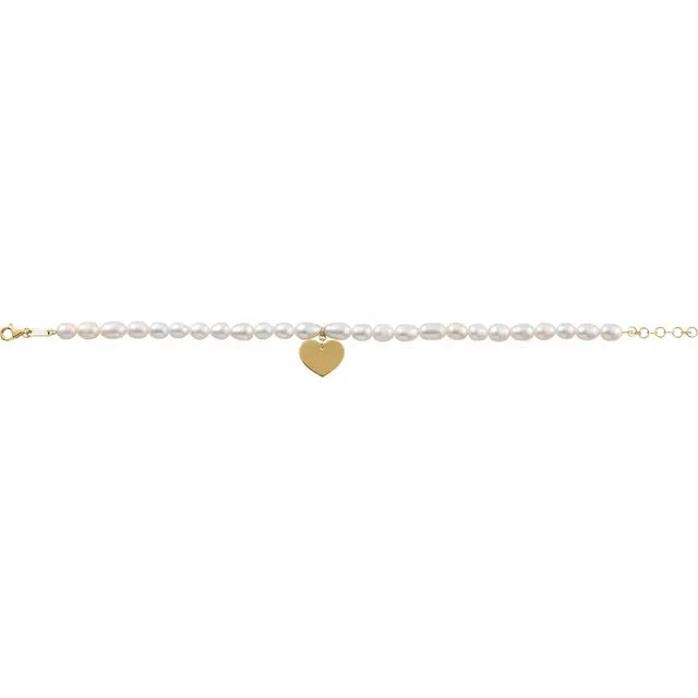 14K Cultured White Freshwater Pearl &amp; Heart Bracelet