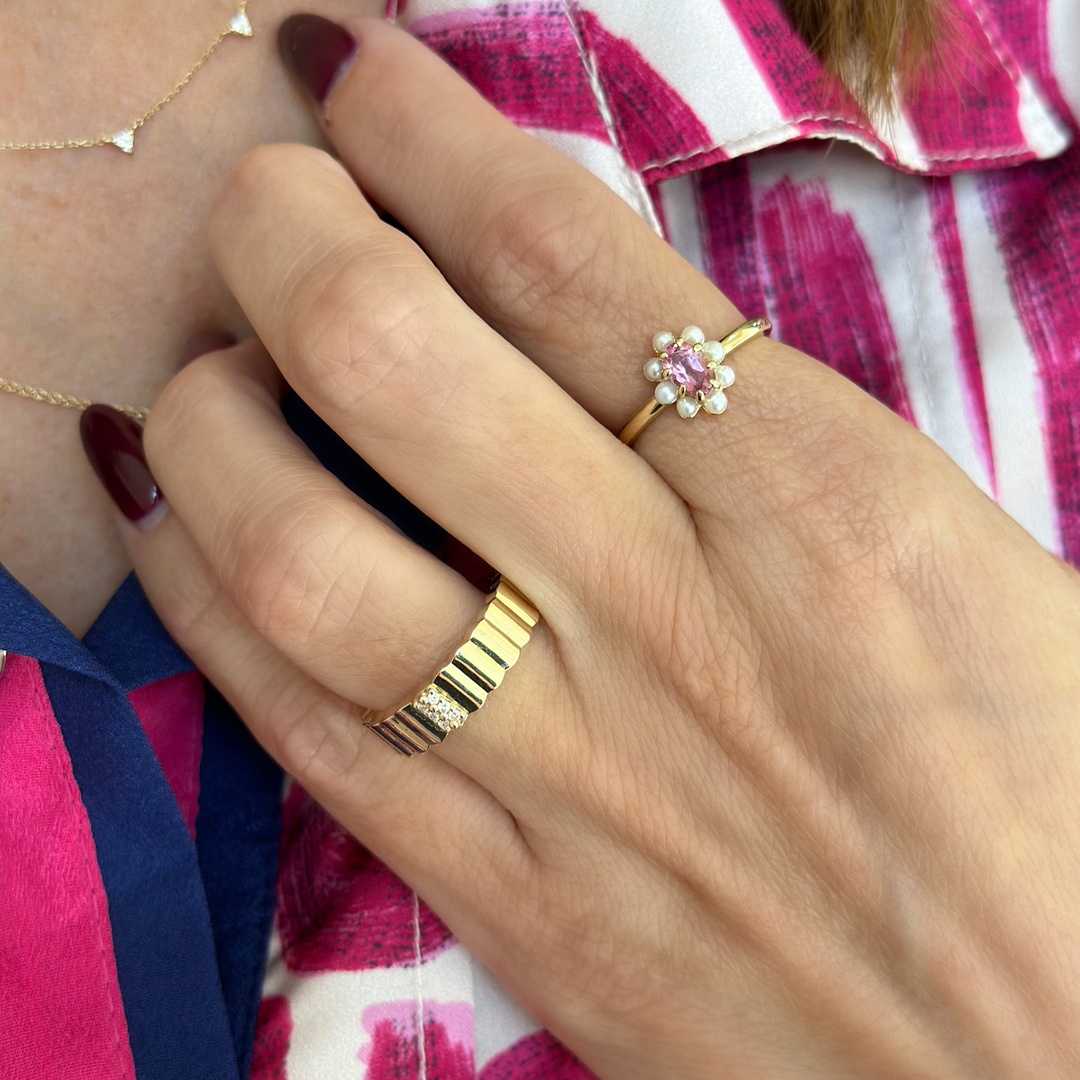 14K Natural Gemstone &amp; Pearl Halo-Style Ring
