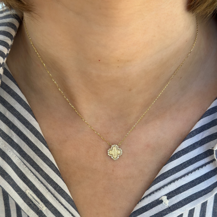 14K Diamond Halo Four-Way Cross Necklace