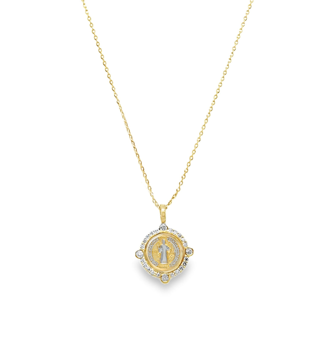 14K Diamond Halo St. Benedict Medal Necklace