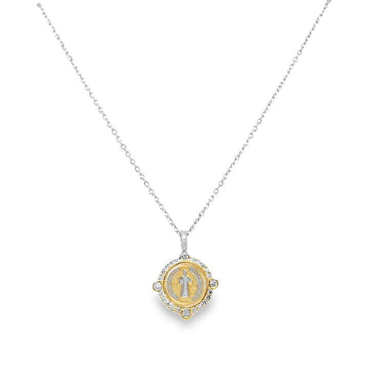 14K Diamond Halo St. Benedict Medal Necklace