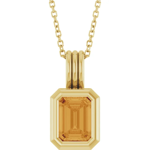 14K Emerald-Cut Bezel Gemstone Pendant Necklace