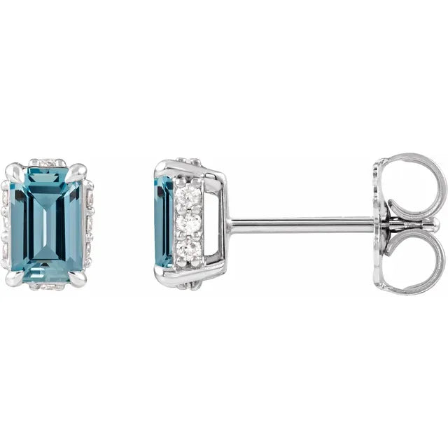 14K Emerald-Cut Gemstone &amp; Diamond Hidden Halo Studs